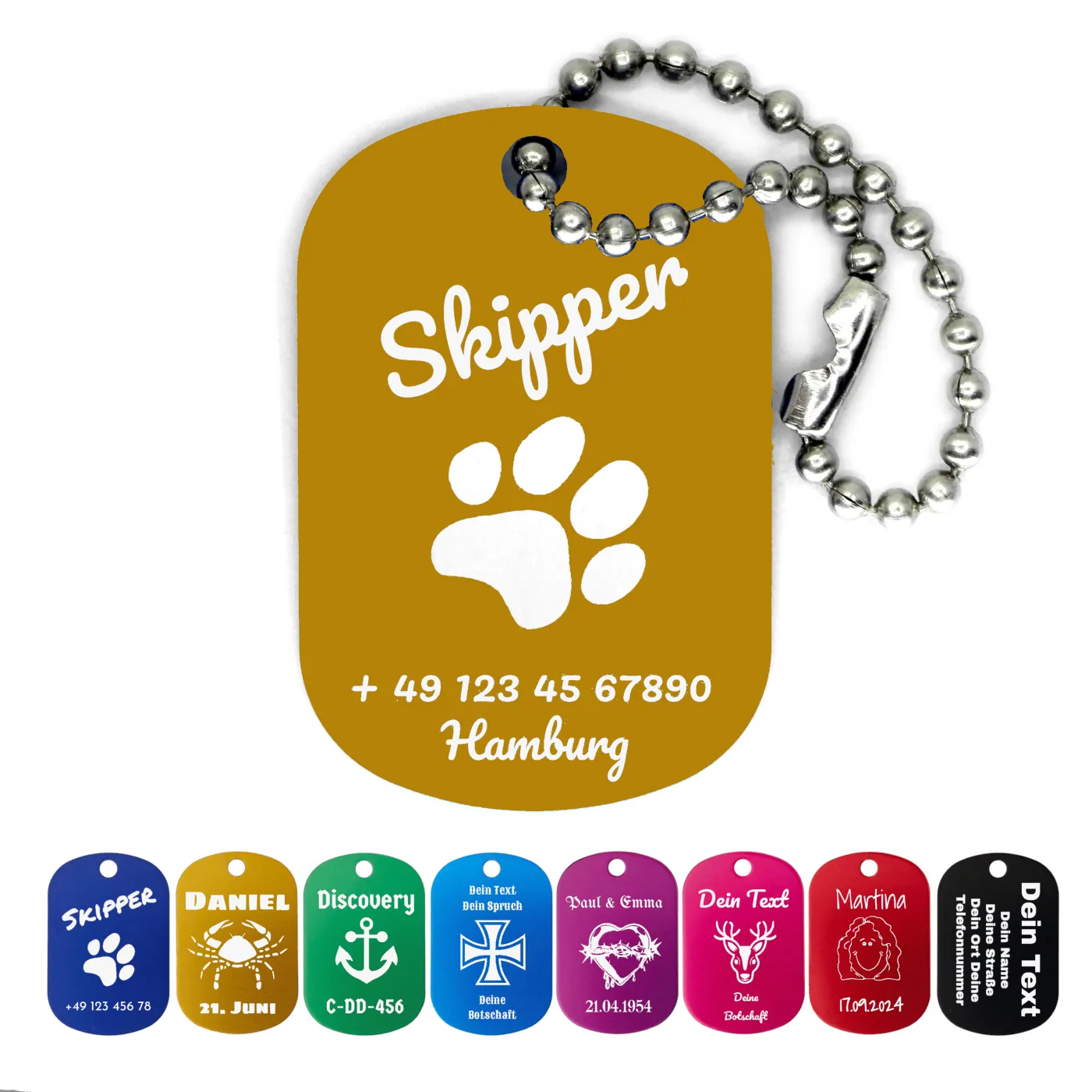 Dog Tag Anhänger aus eloxiertem Aluminium inklusive 10 cm Kugelkette » Personalisierbar – Ansicht 8