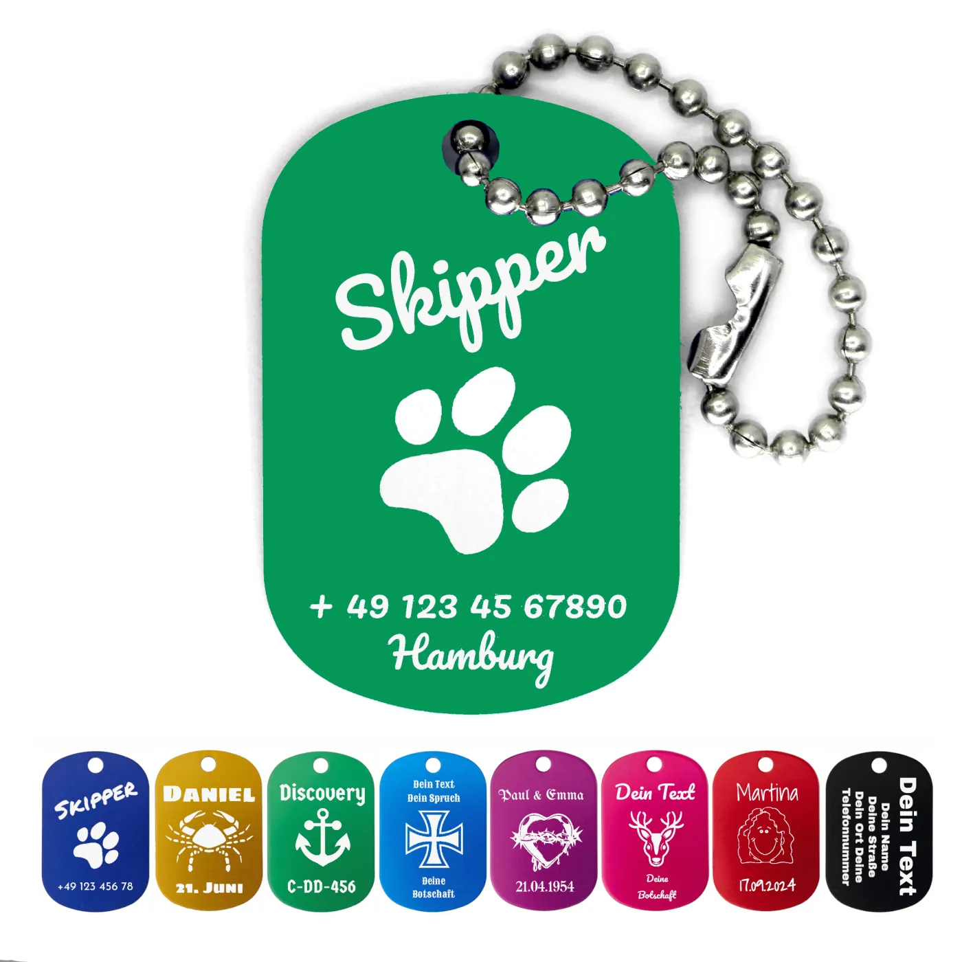 Dog Tag Anhänger aus eloxiertem Aluminium inklusive 10 cm Kugelkette » Personalisierbar – Ansicht 7