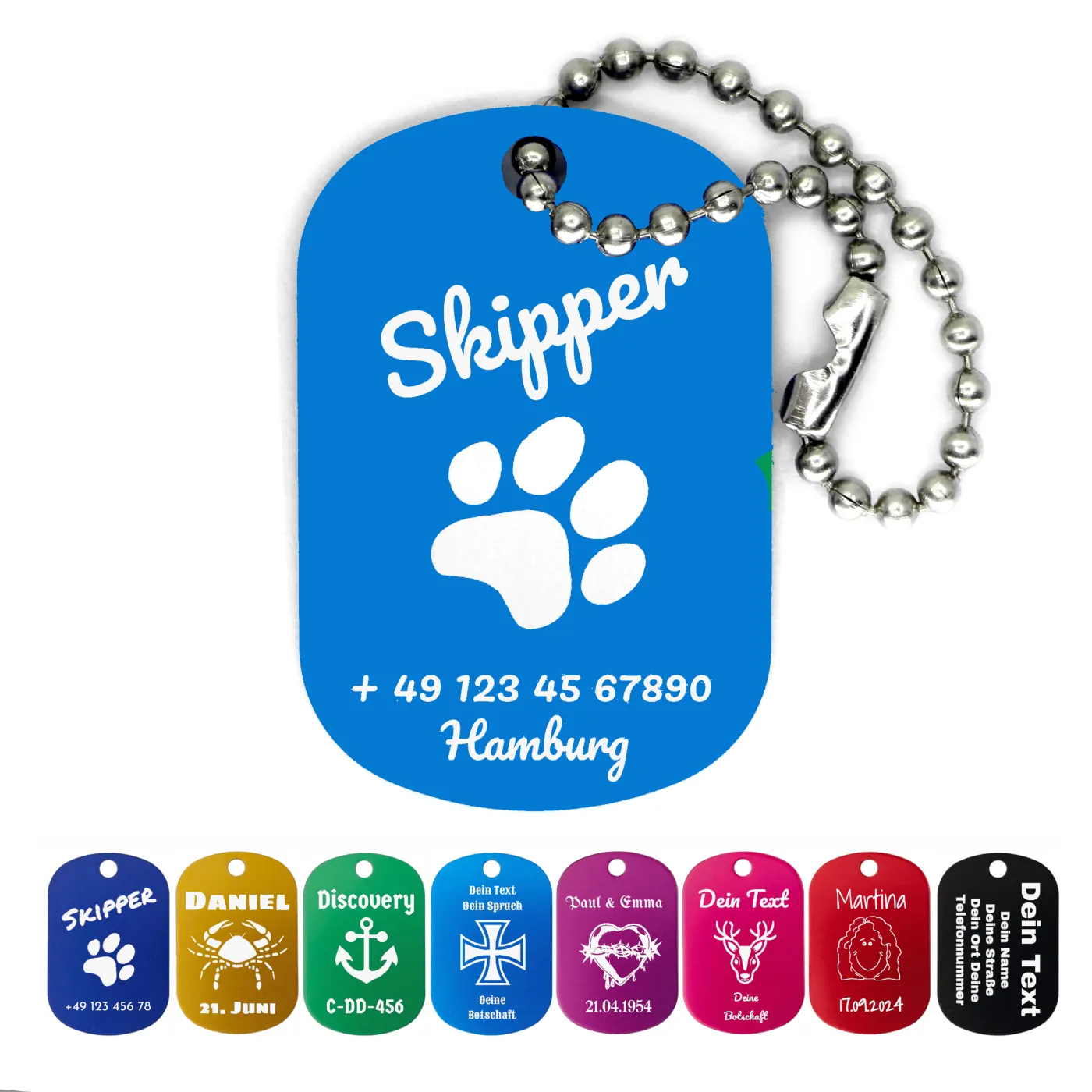 Dog Tag Anhänger aus eloxiertem Aluminium inklusive 10 cm Kugelkette » Personalisierbar – Ansicht 5