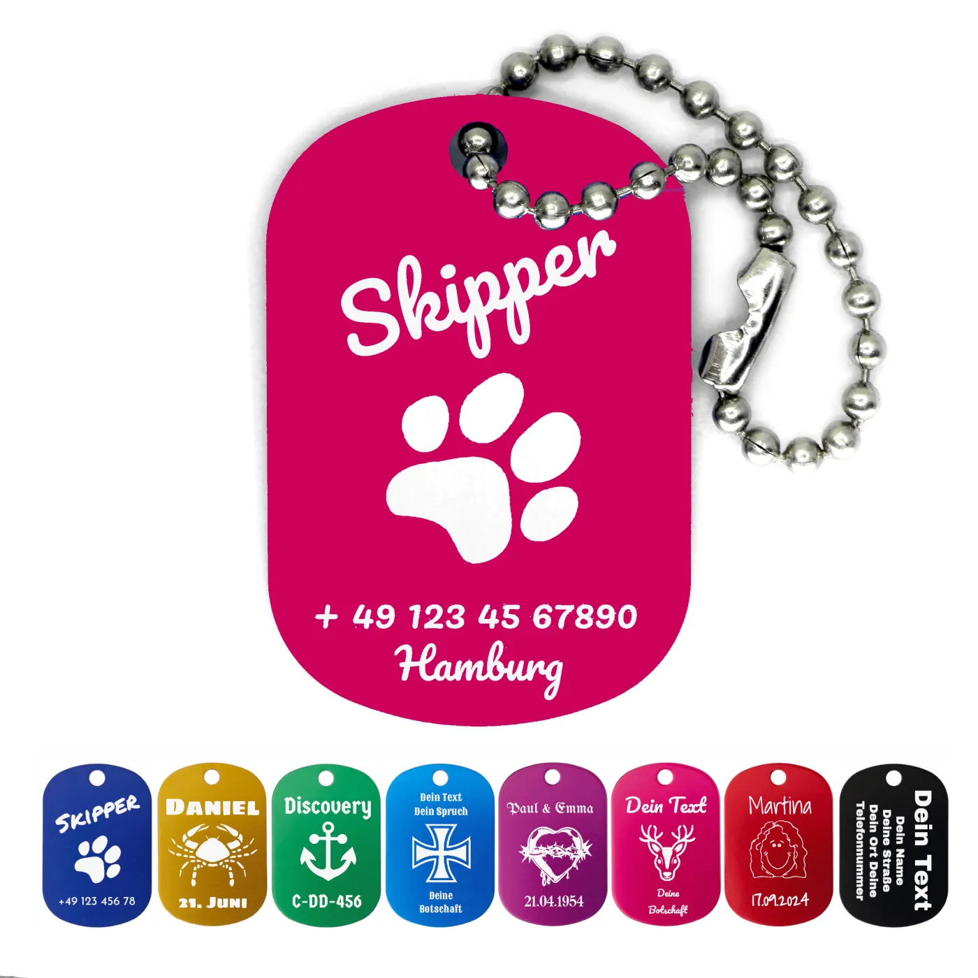 Dog Tag Anhänger aus eloxiertem Aluminium inklusive 10 cm Kugelkette » Personalisierbar – Ansicht 3