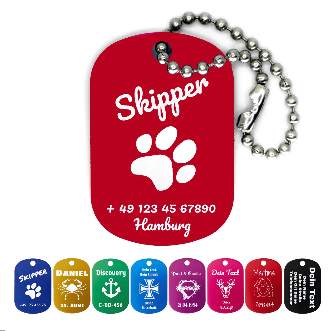 Dog Tag Anhänger aus eloxiertem Aluminium inklusive 10 cm Kugelkette » Personalisierbar – Ansicht 2