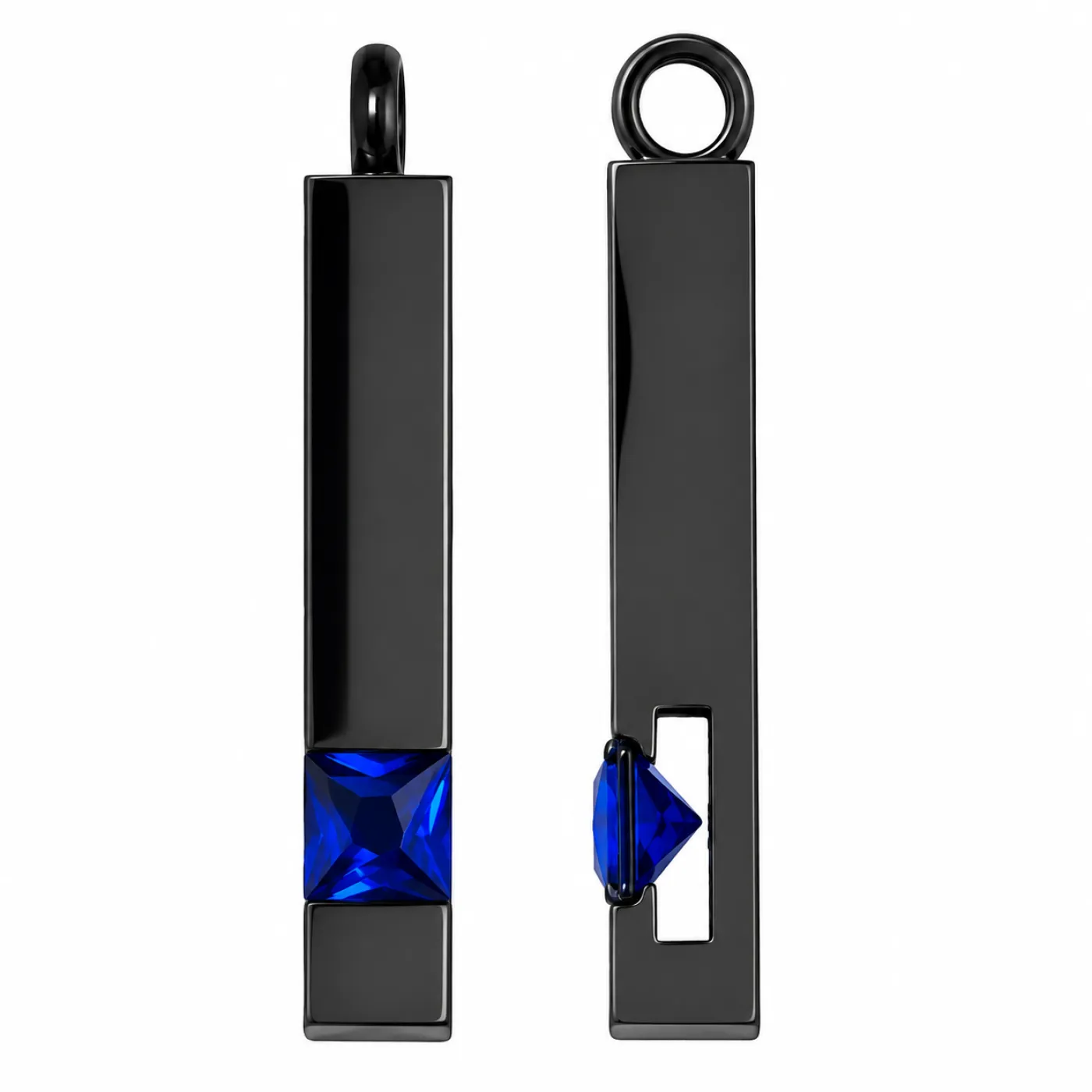 Anhänger Stab aus Edelstahl Farbton Schwarz mit dunkelblauem Kristall, inklusive Gravur