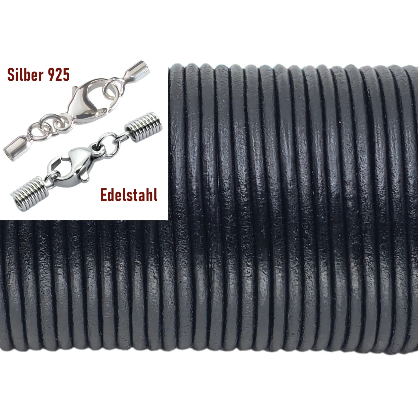 Lederschnur rund Ø 2,0 mm, Farbton Schwarz mit Edelstahlverschluss oder 925er Silberverschluss