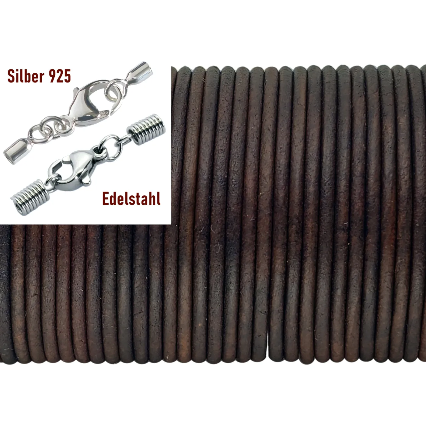 Lederschnur rund Ø 2,0 mm, Farbton Brunette Vintage mit Edelstahlverschluss oder 925er Silberverschluss