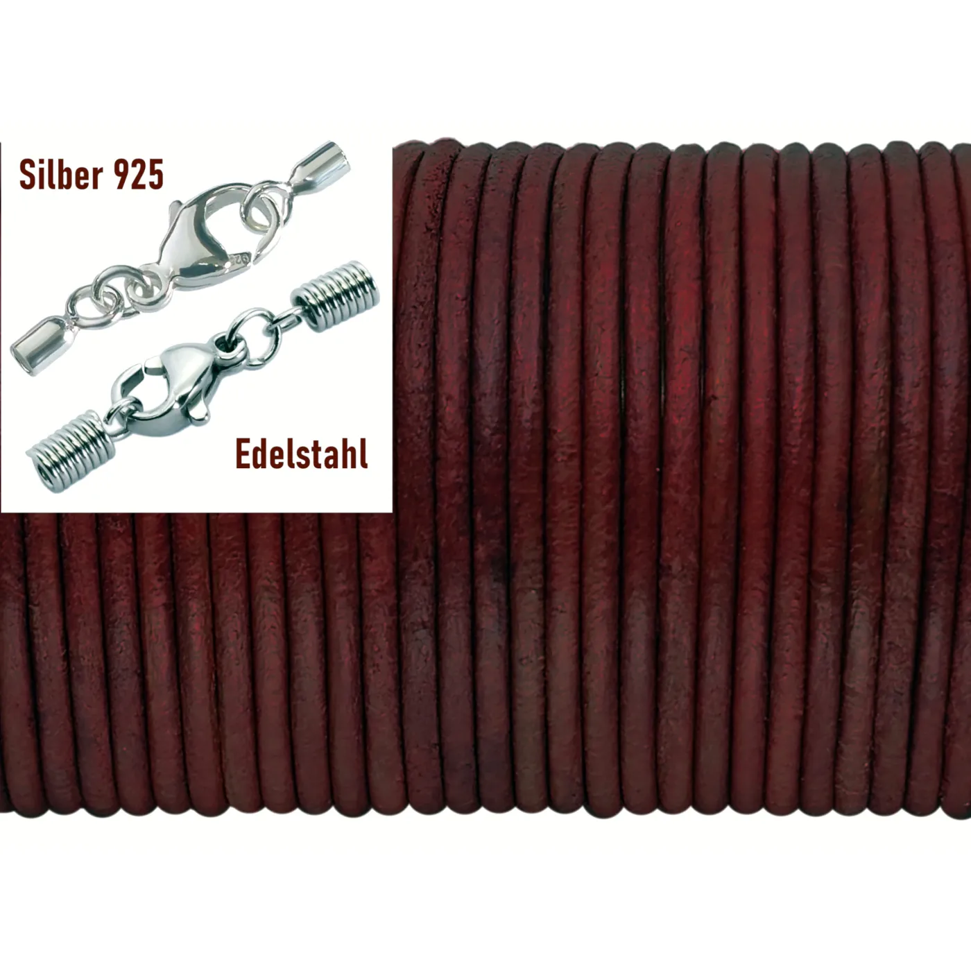 Lederschnur rund Ø 2,0 mm, Farbton Feuerrot Vintage mit Edelstahlverschluss oder 925er Silberverschluss