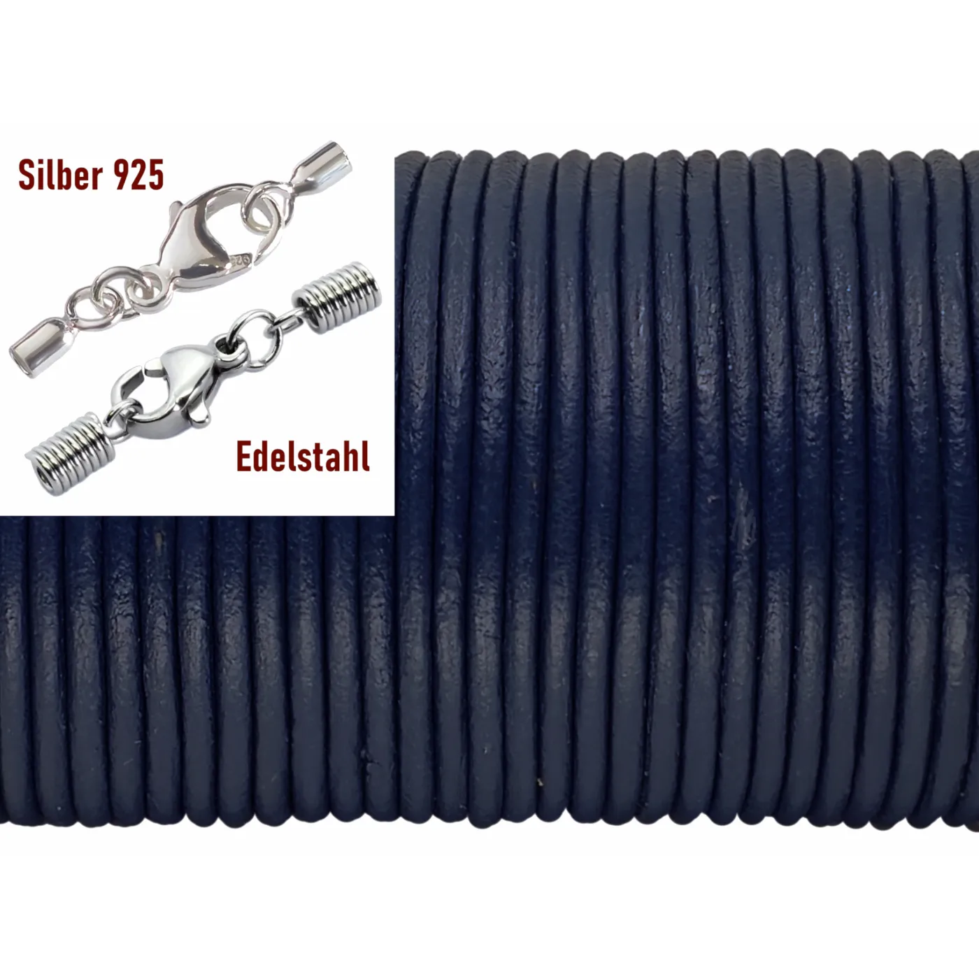Lederschnur rund Ø 2,0 mm, Farbton Dunkelblau mit Edelstahlverschluss oder 925er Silberverschluss