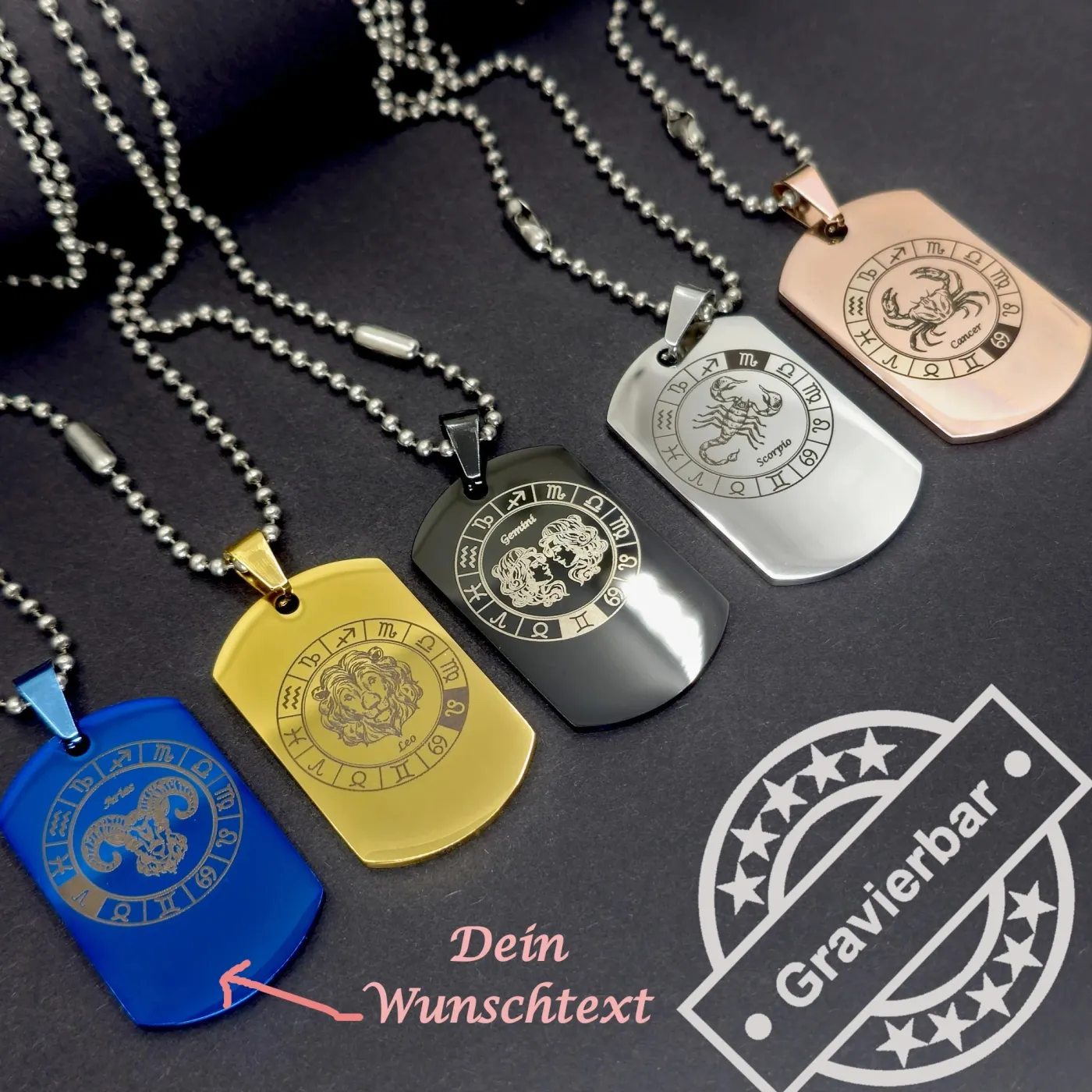 Anhänger Dog Tag Edelstahl mit Sternzeichen inkl. 60 cm Kugelkette » Personalisierbar – Ansicht 14