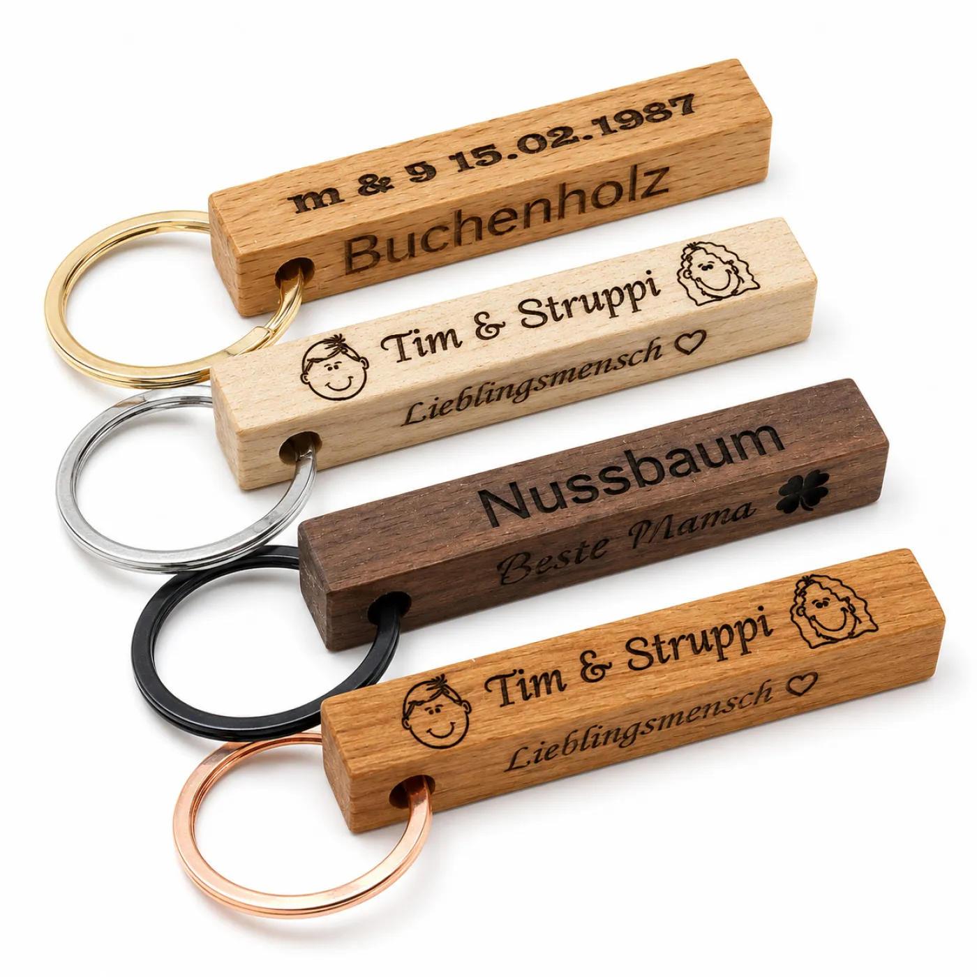 Holz-Schlüsselanhänger mit Edelstahl Schlüsselring » Personalisierbar – Ansicht 3