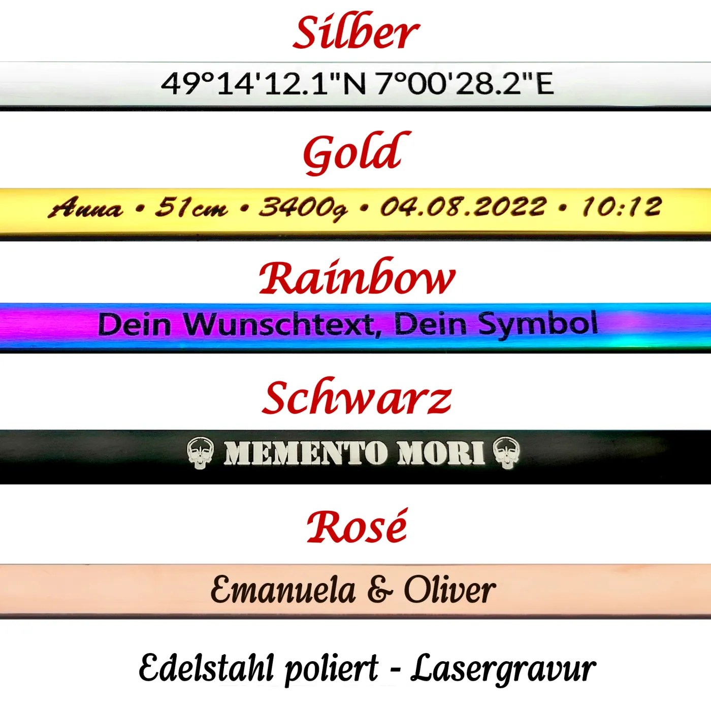 Edelstahl Armspangen 5 Farben, 6 + 9 mm » Personalisierbar – Ansicht 1