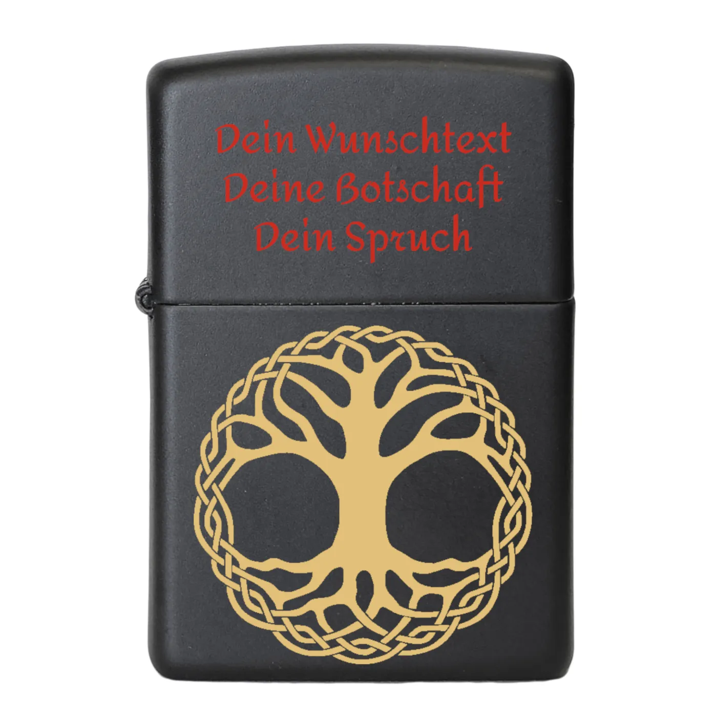 Hochwertiges Zippo Benzinfeuerzeug mit detaillierter Gravur des Lebensbaums auf mattem Schwarz.