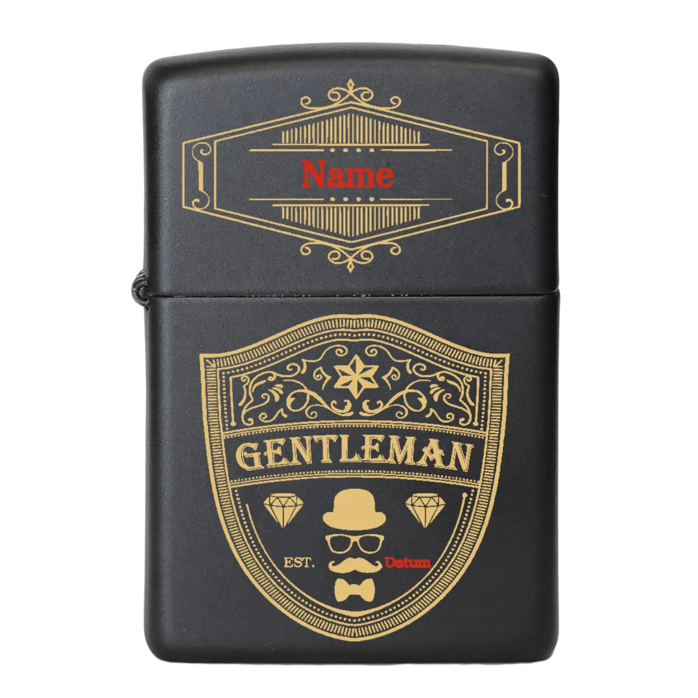 Mattschwarzes Benzinfeuerzeug mit „GENTLEMAN“ Gravur – ideales Geschenk für Herren.
