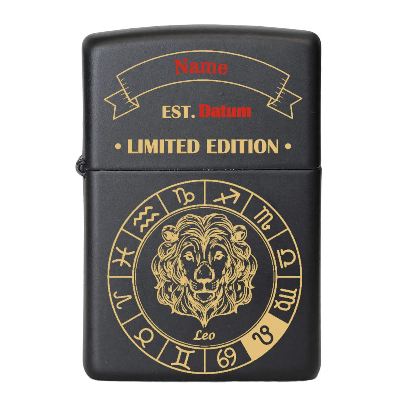 Geschenkidee für Astrologie-Fans: Personalisiertes Zippo Benzinfeuerzeug mit Sternzeichen Motiv.