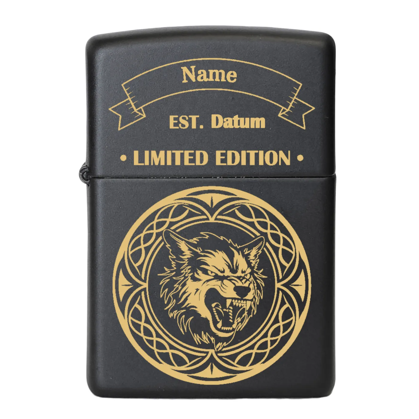 Benzinfeuerzeug WOLF, Zippo Farbton Schwarz matt, optional mit Gravur