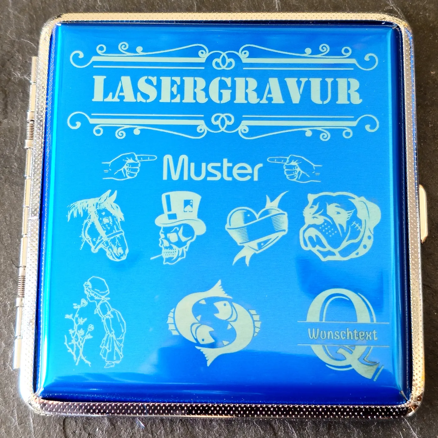 Zigarettenetui mit Gravur für 20 Zigaretten WUNSCHNAME Farbe Blau » Personalisierbar – Ansicht 1
