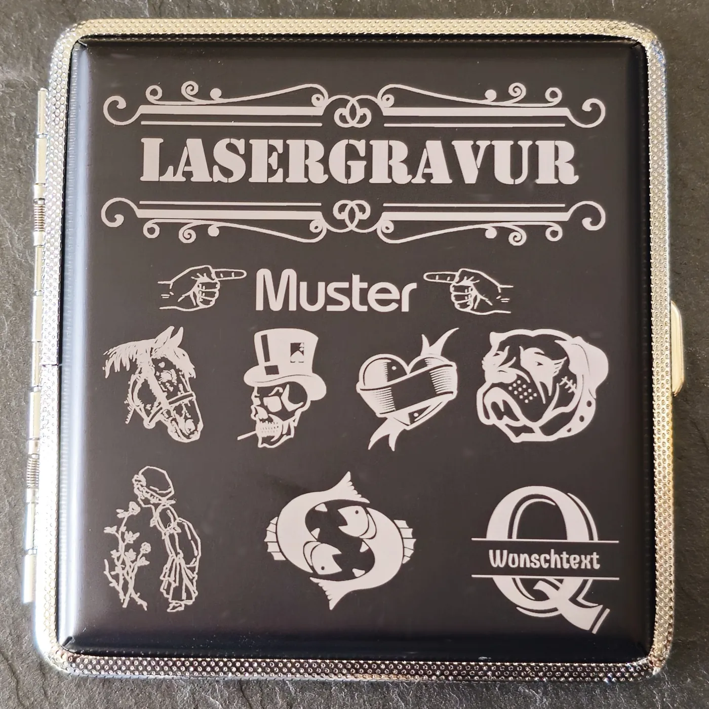 Zigarettenetui mit Gravur für 20 Zigaretten WUNSCHNAME Farbe Schwarz » Personalisierbar – Ansicht 1