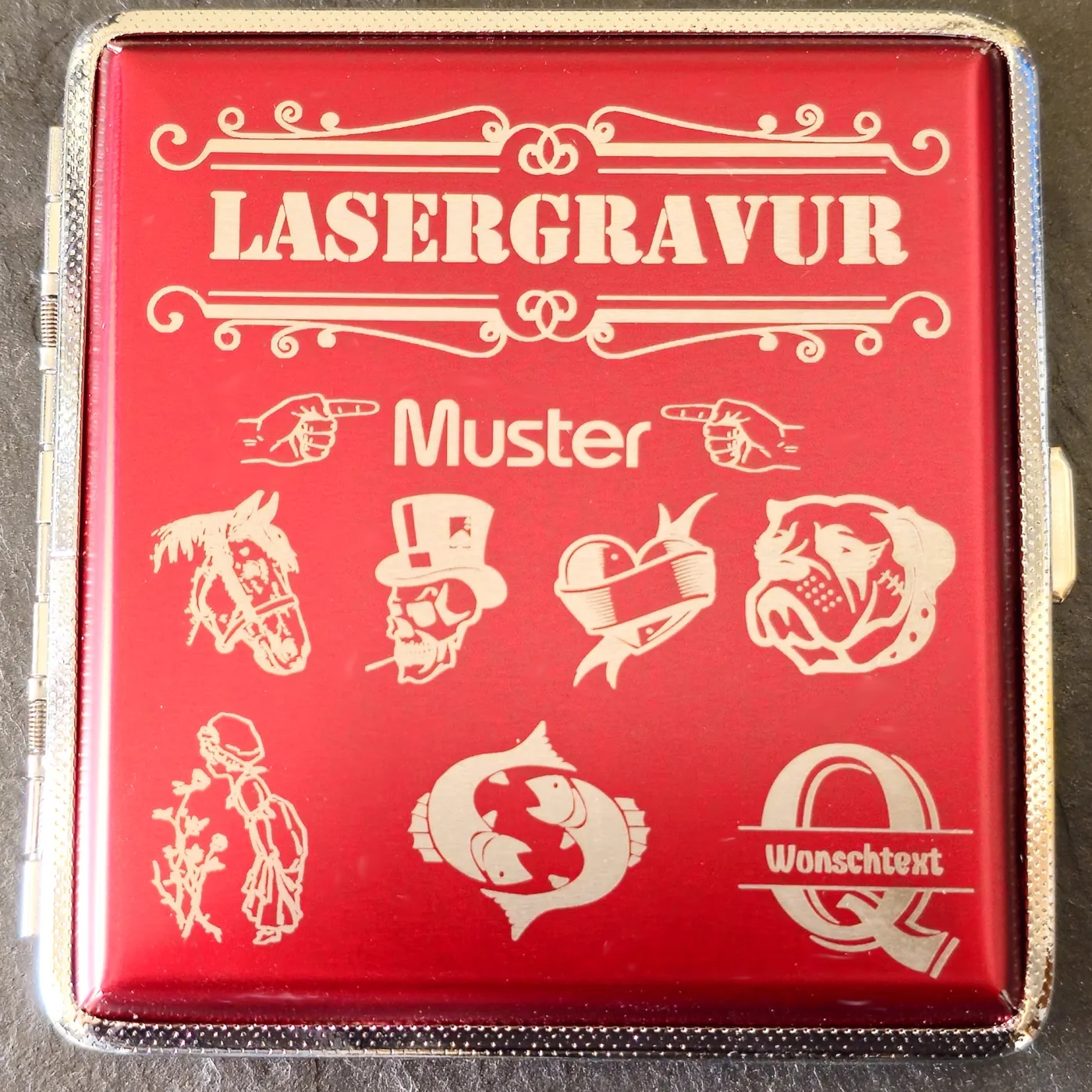 Zigarettenetui mit Gravur für 20 Zigaretten MONOGRAMM 02 Farbe Rot » Personalisierbar – Ansicht 1