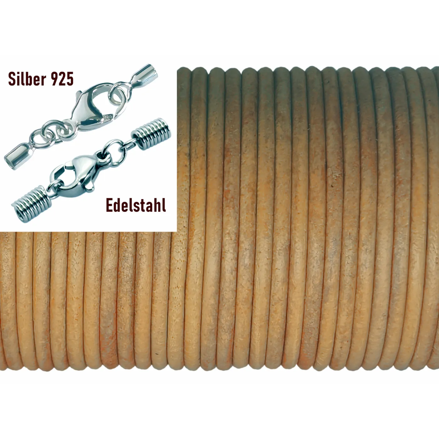 Lederschnur rund Ø 2,0 mm, Farbton Cognac Vintage mit Edelstahlverschluss oder 925er Silberverschluss