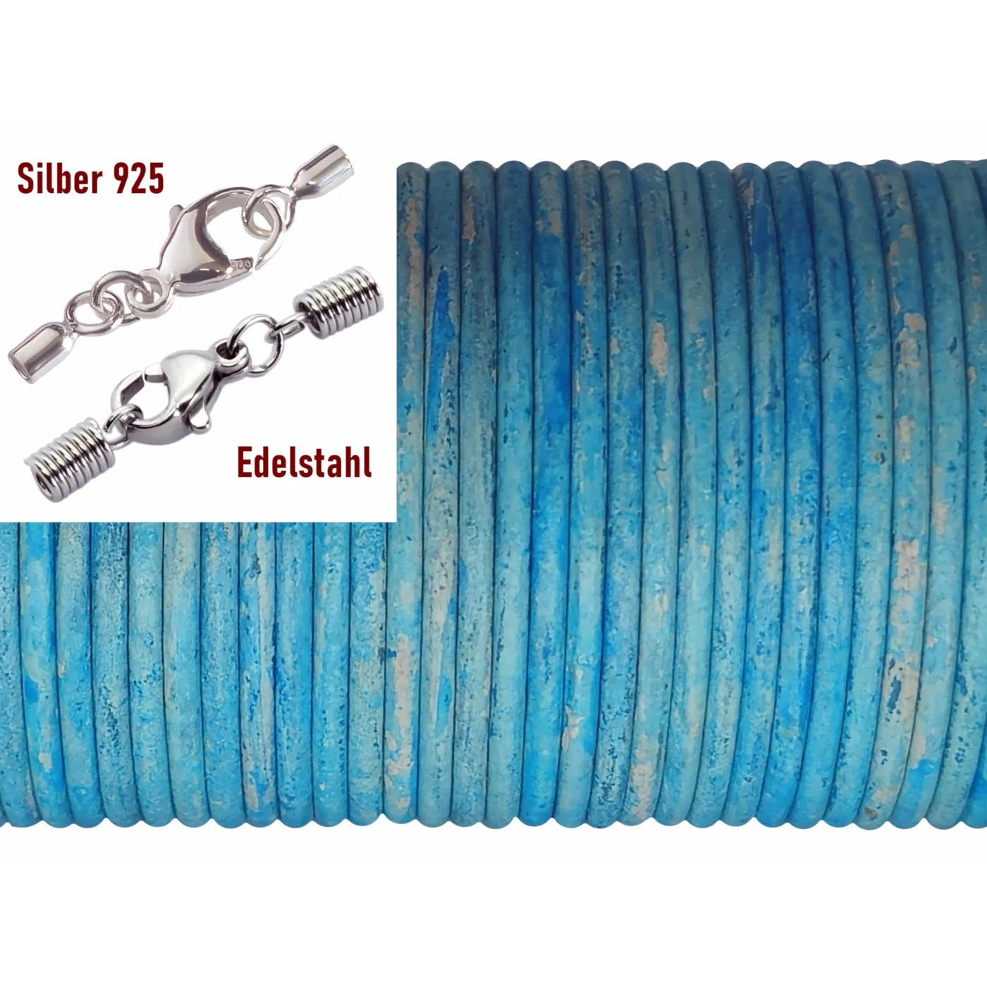 Lederschnur rund Ø 2,0 mm, Farbton Hellblau Vintage mit Edelstahlverschluss oder 925er Silberverschluss