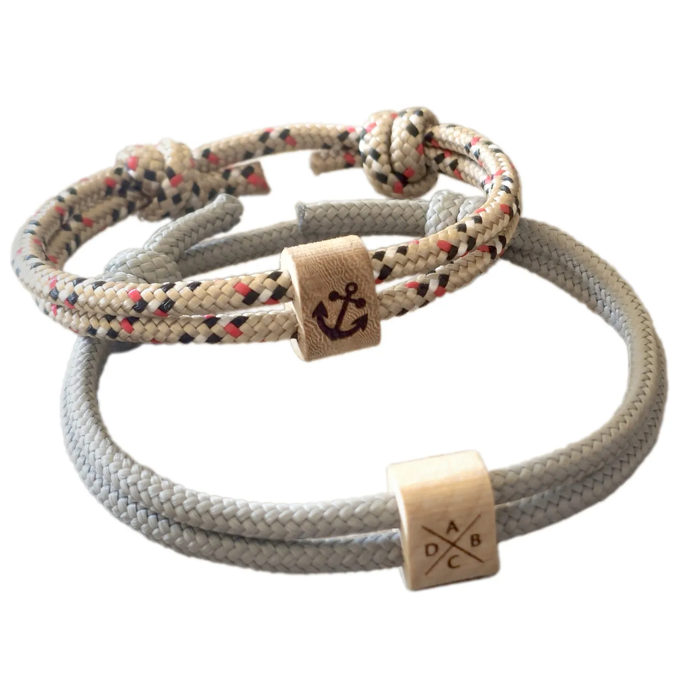Segeltau-Armband 2 x Ø 4 mm mit Schiebeknoten und Holz Slider, inklusive Gravur, Farbauswahl
