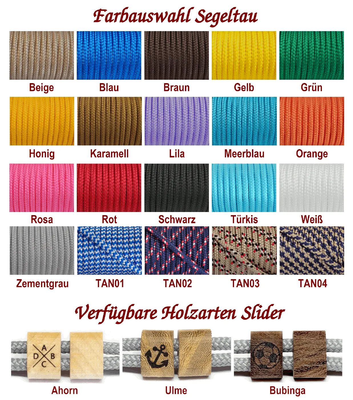 Segeltau-Armband 2 x Ø 4 mm verstellbar mit Holz Slider » Personalisierbar, Farbauswahl – Ansicht 1