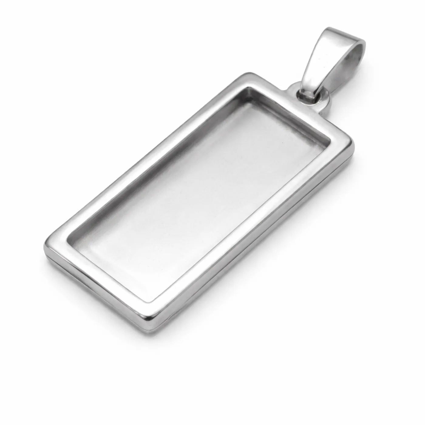 Anhänger-Rohling aus Edelstahl, Rechteck / Innen 10 × 25 mm, optional mit Gravur, Farbton Silber