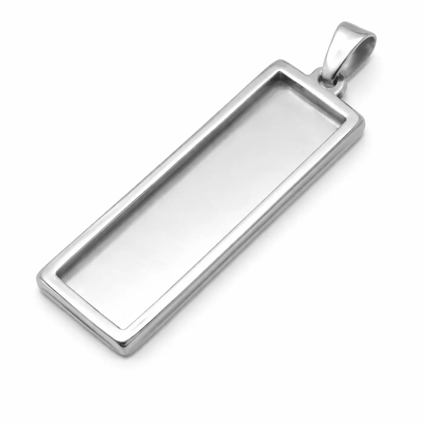 Anhänger-Rohling aus Edelstahl, Rechteck / Innen 10 × 50 mm, optional mit Gravur, Farbton Silber