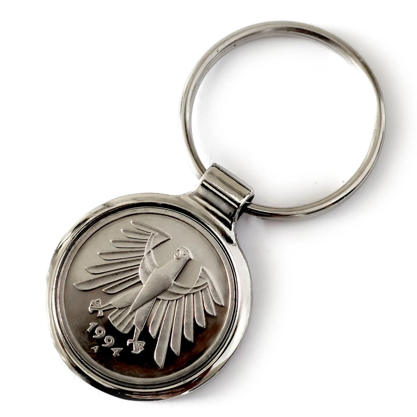 Metall-Schlüsselanhänger 5 Mark mit Datum 1975 bis 2001 aus Cu-Ni, optional mit Gravur