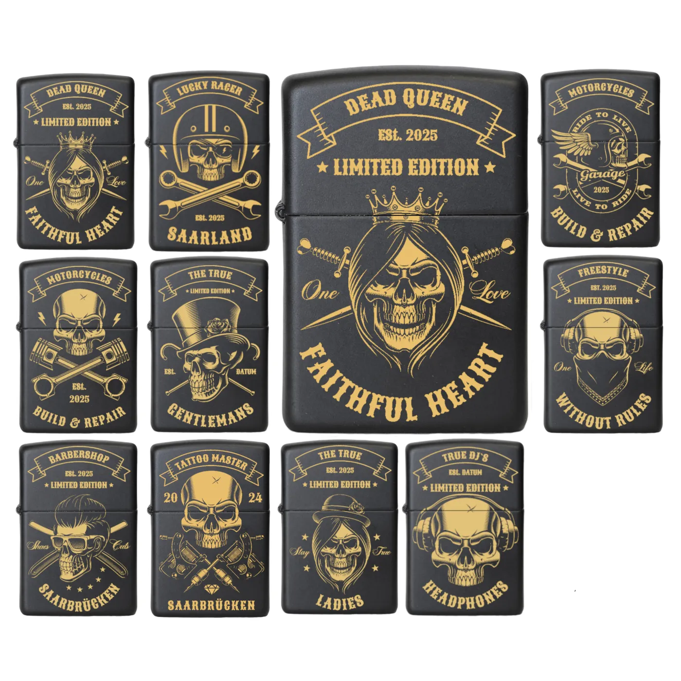 Benzinfeuerzeug SERIE SKULL 1, Zippo Farbton Schwarz matt, optional mit Gravur