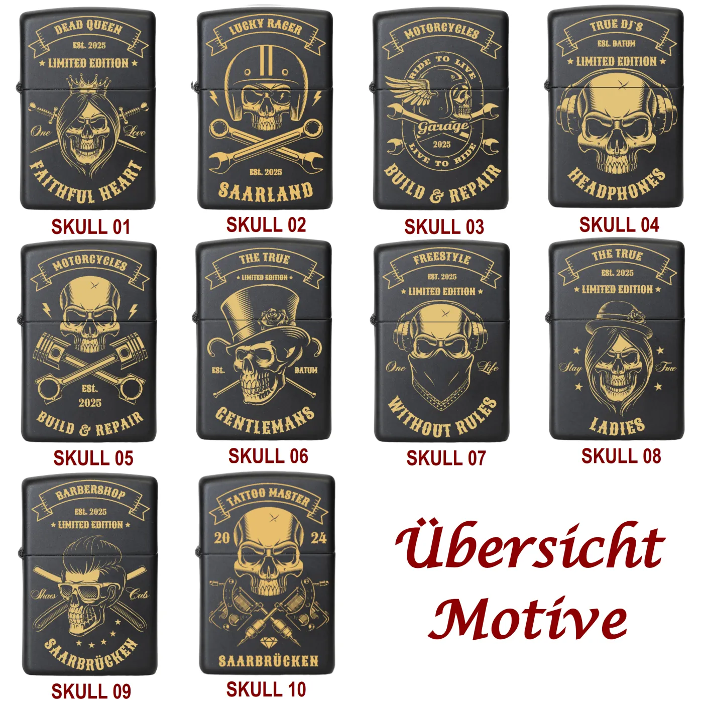 Robustes mattschwarzes Benzinfeuerzeug im klassischen Zippo-Stil mit auffälliger Totenkopf-Gravur – perfekt für Individualisten und Sammler.