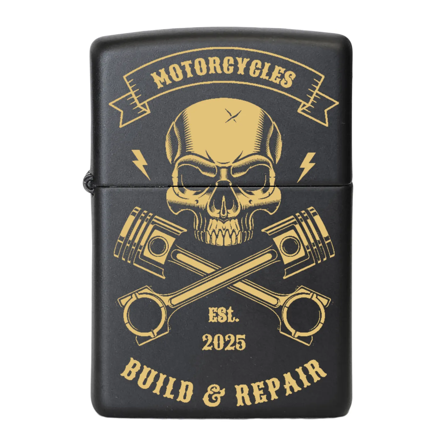 Mattschwarzes Benzinfeuerzeug mit detailreicher Totenkopf-Gravur „Motorcycles Build And Repair“ auf der Vorderseite mit Wunschtext gravierbar – das perfekte Geschenk für Motorradfans und Individualisten.