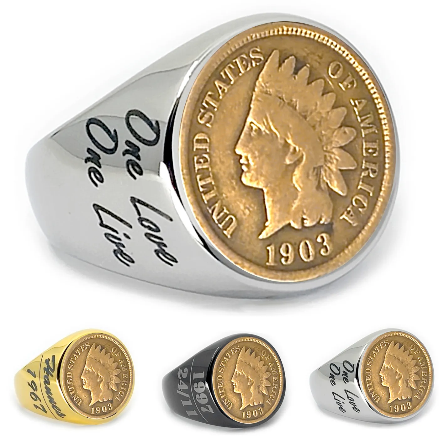 Münzring USA 1 Cent 1864-1909 Indian Head aus Edelstahl, optional mit Gravur