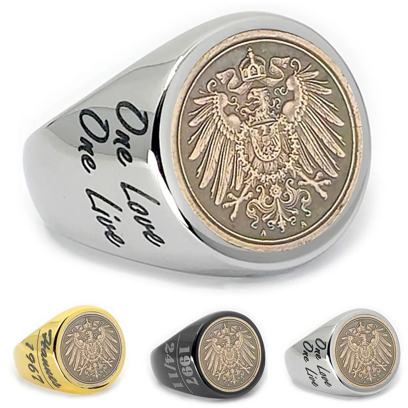 Münzring Kaiserreich 1 Pfennig 1890–1916 gekrönte Reichsadler aus Edelstahl, optional mit Gravur