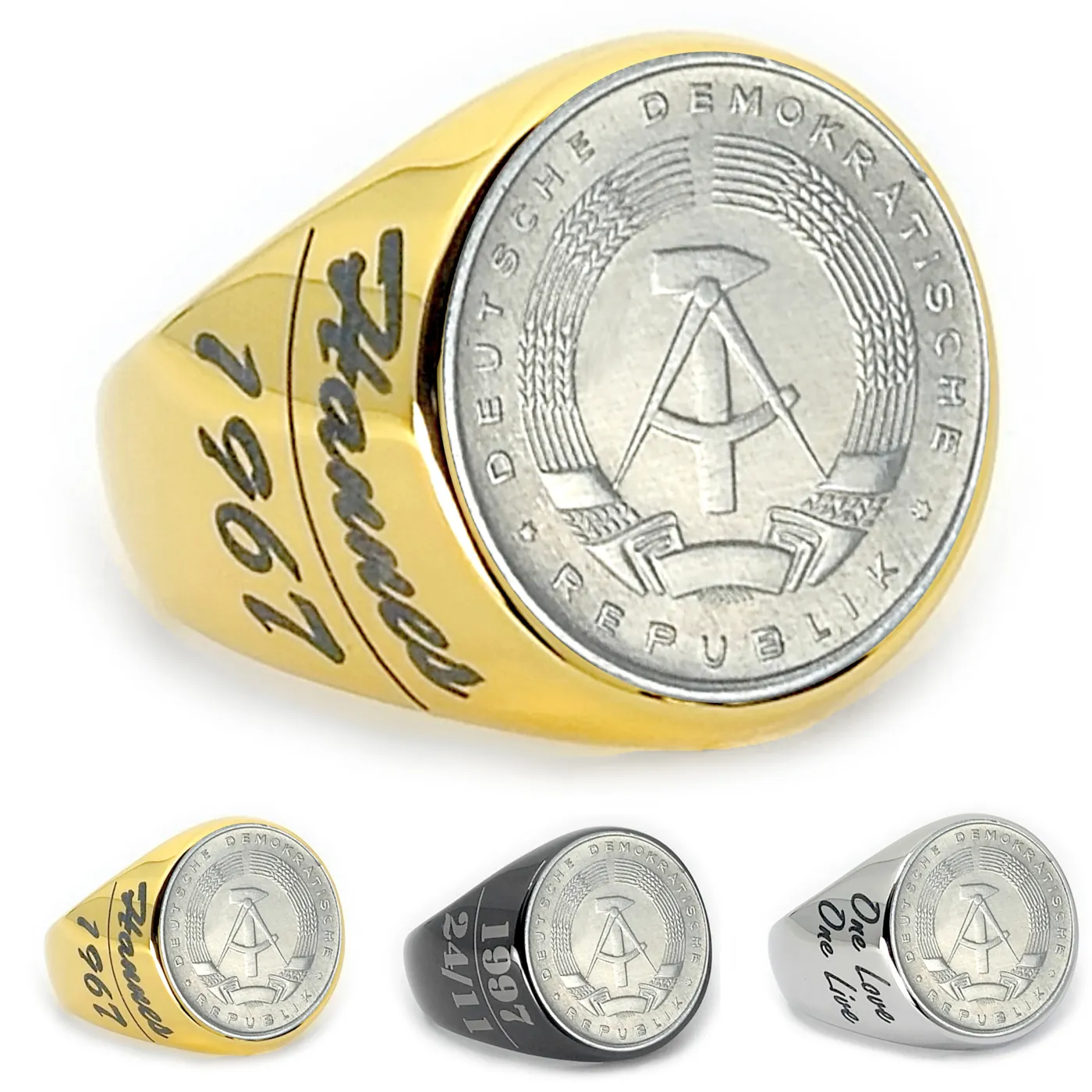 Münzring DDR 5 Pfennig 1968-1975 Staatswappen aus Edelstahl, optional mit Gravur