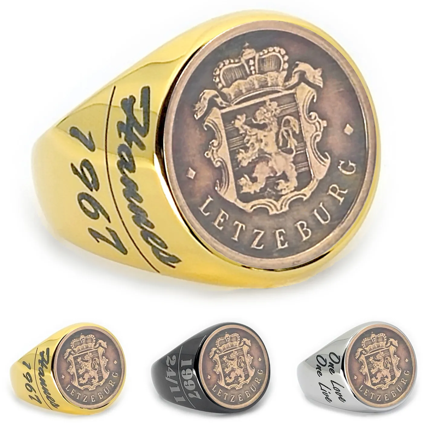 Münzring Luxemburg 25 Centime 1946-1947 gekröntes Wappen aus Edelstahl, optional mit Gravur