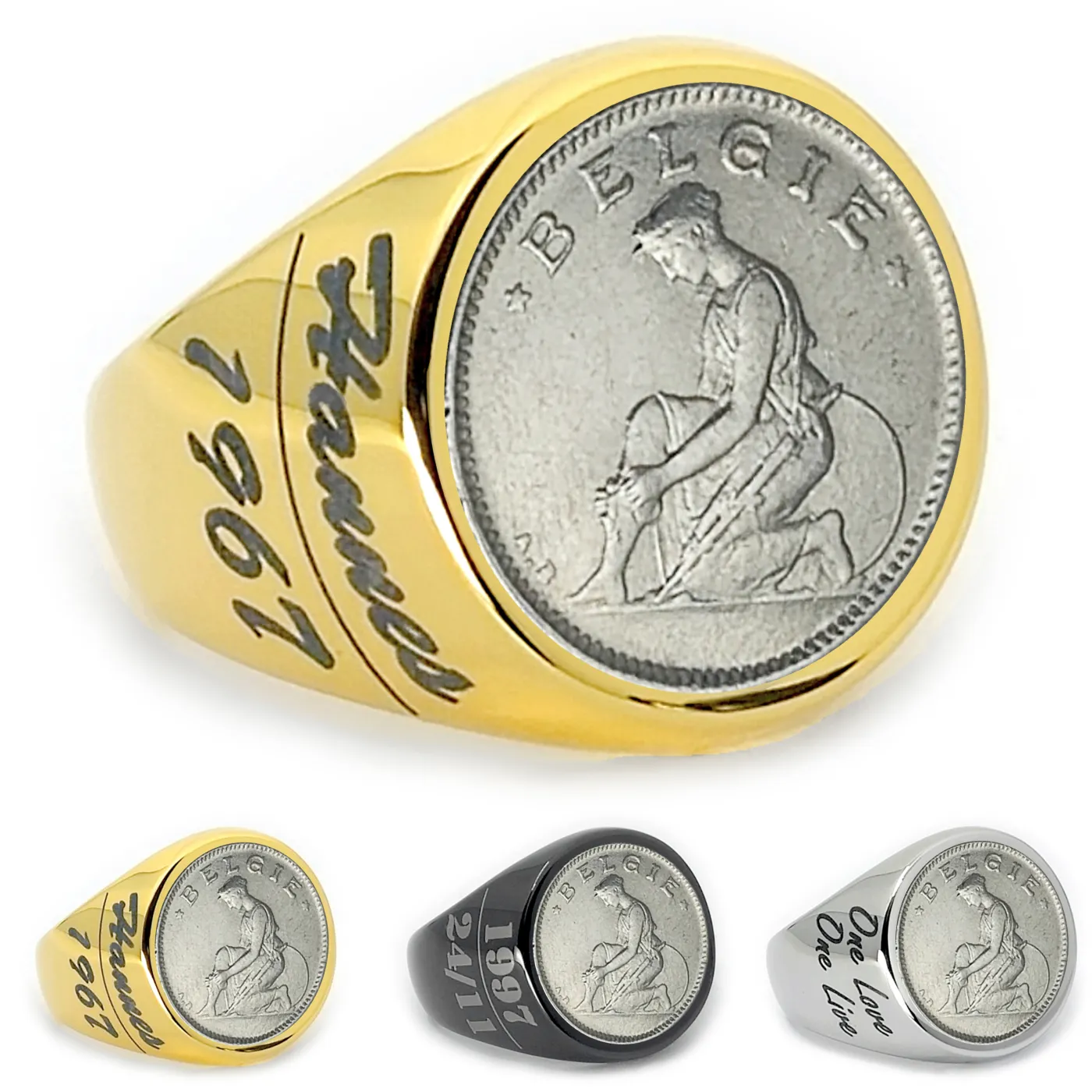 Münzring Belgien 50 Centimes 1923-1934 Frau mit Schwert und Schild aus Edelstahl, optional mit Gravur
