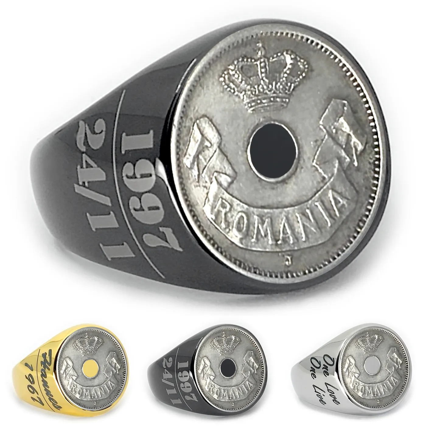 Münzring Rumänien 5 Bani 1905-1906 Krone mit Schriftzug Romania aus Edelstahl, optional mit Gravur