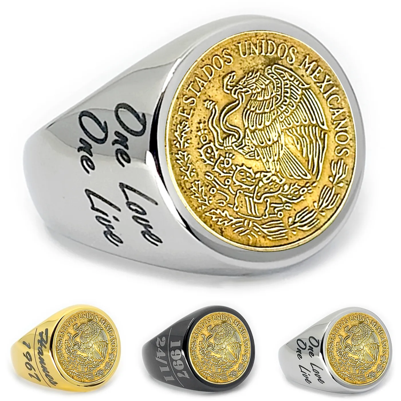 Münzring Mexico 5 Centavos 1970-1976 Staatswappen aus Edelstahl, optional mit Gravur