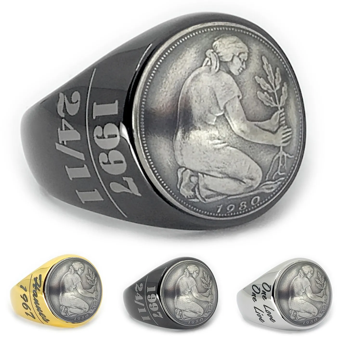 Münzring Deutschland 50 Pfennig 1949-2001 Kulturfrau aus Edelstahl, optional mit Gravur