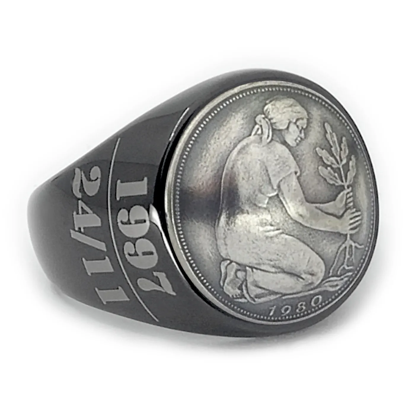 Münze: 50 Pfennig BRD (leicht gewölbt) Prägejahr: 1949, 1950 und 1966 bis 2001 (Auswahl) Motiv: Kulturfrau die einen Eichenbaum pflanzt und das Prägedatum
