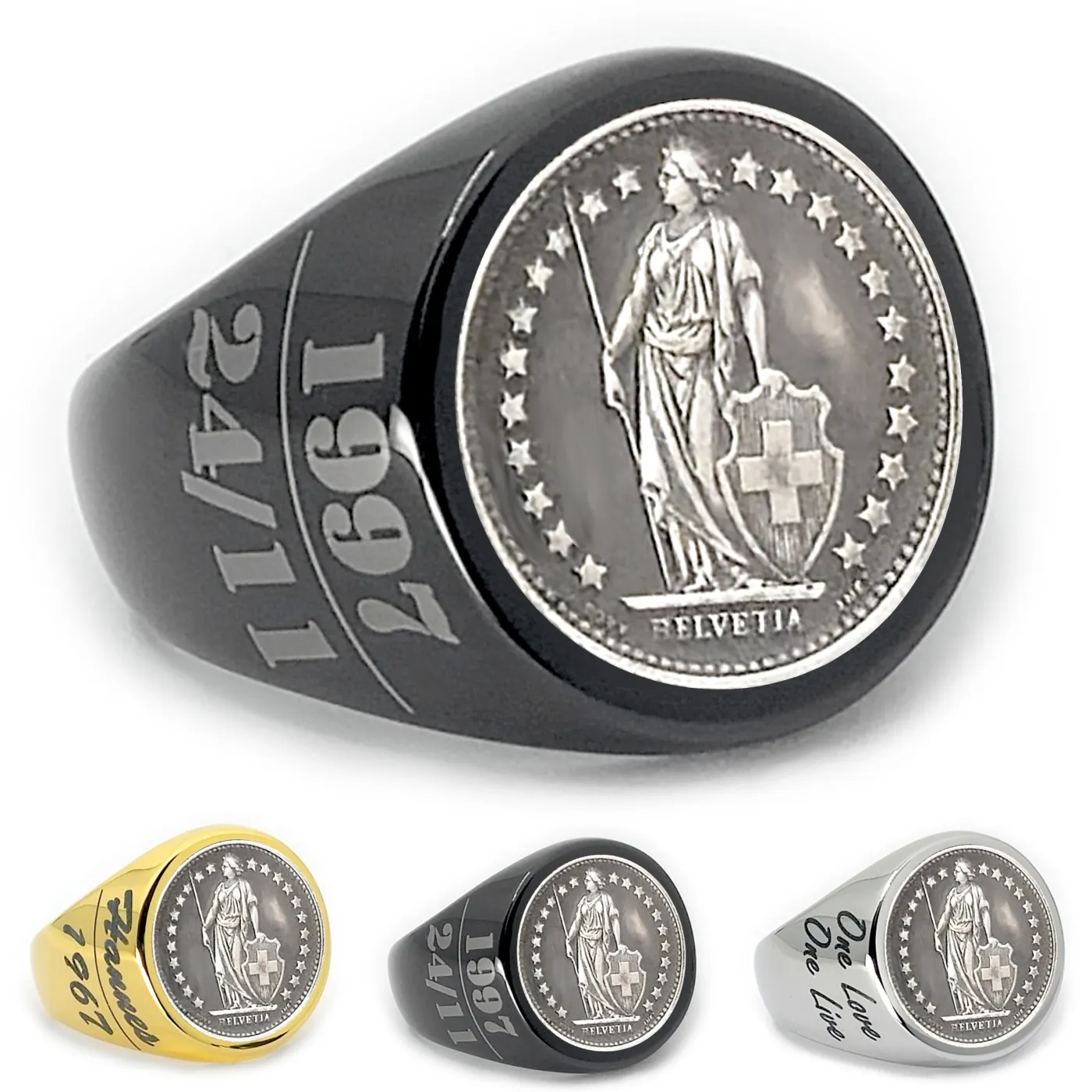 Münzring Schweiz 1/2 Franken 1875-1967 Silber 835 Helvetia aus Edelstahl, optional mit Gravur