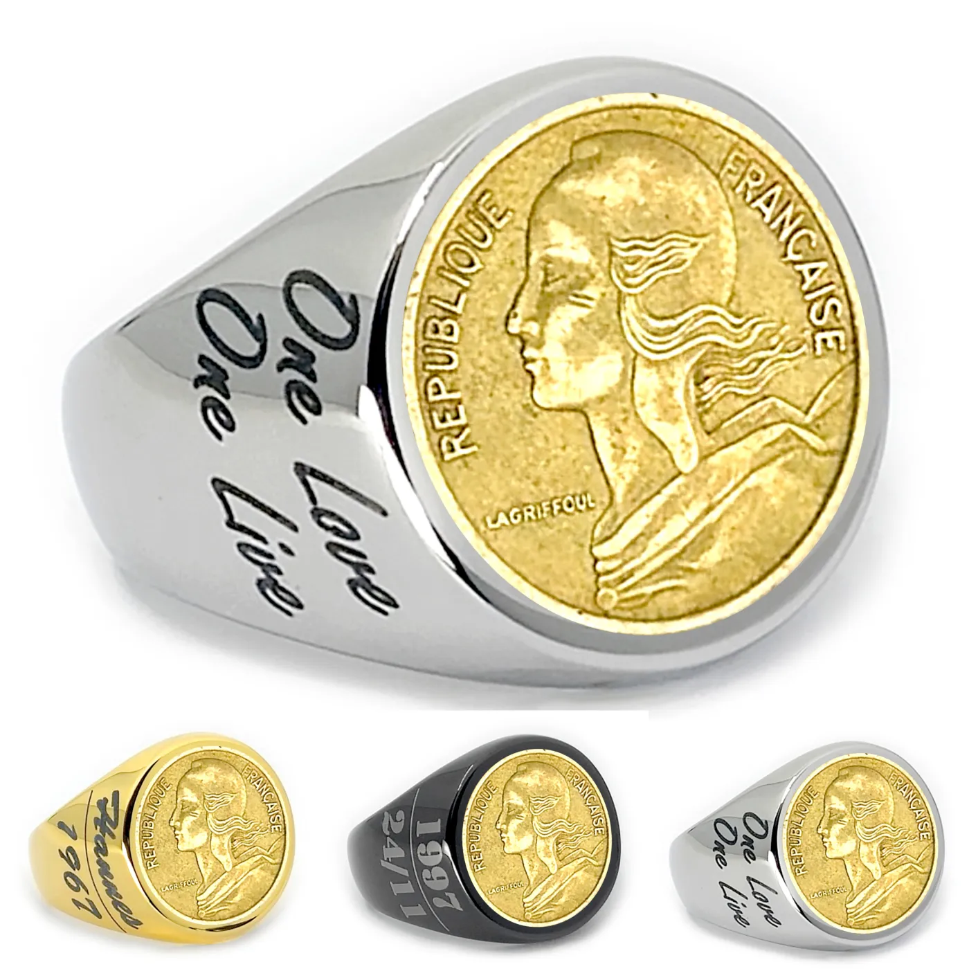Münzring Frankreich 5 Centimes 1966-2001 Marianne aus Edelstahl, optional mit Gravur