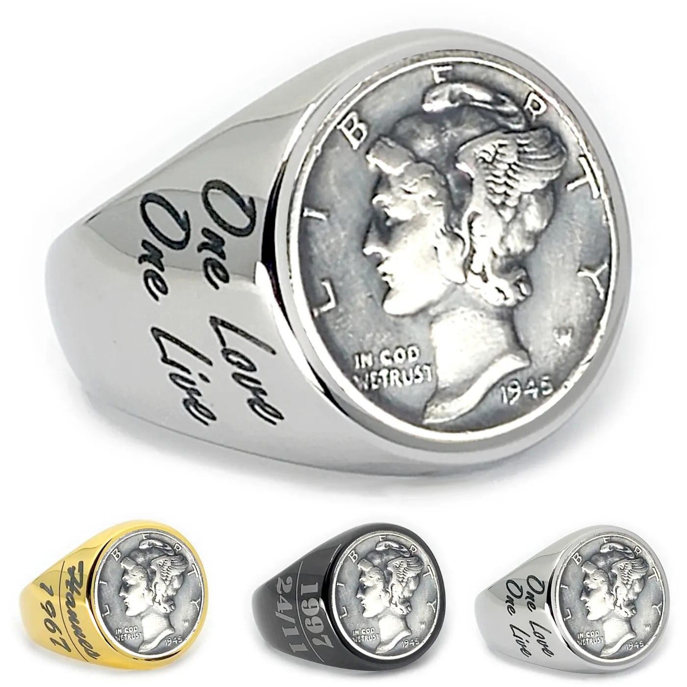 Münzring USA Dime Mercury 1916-1945 Silber 900 Liberty aus Edelstahl, optional mit Gravur