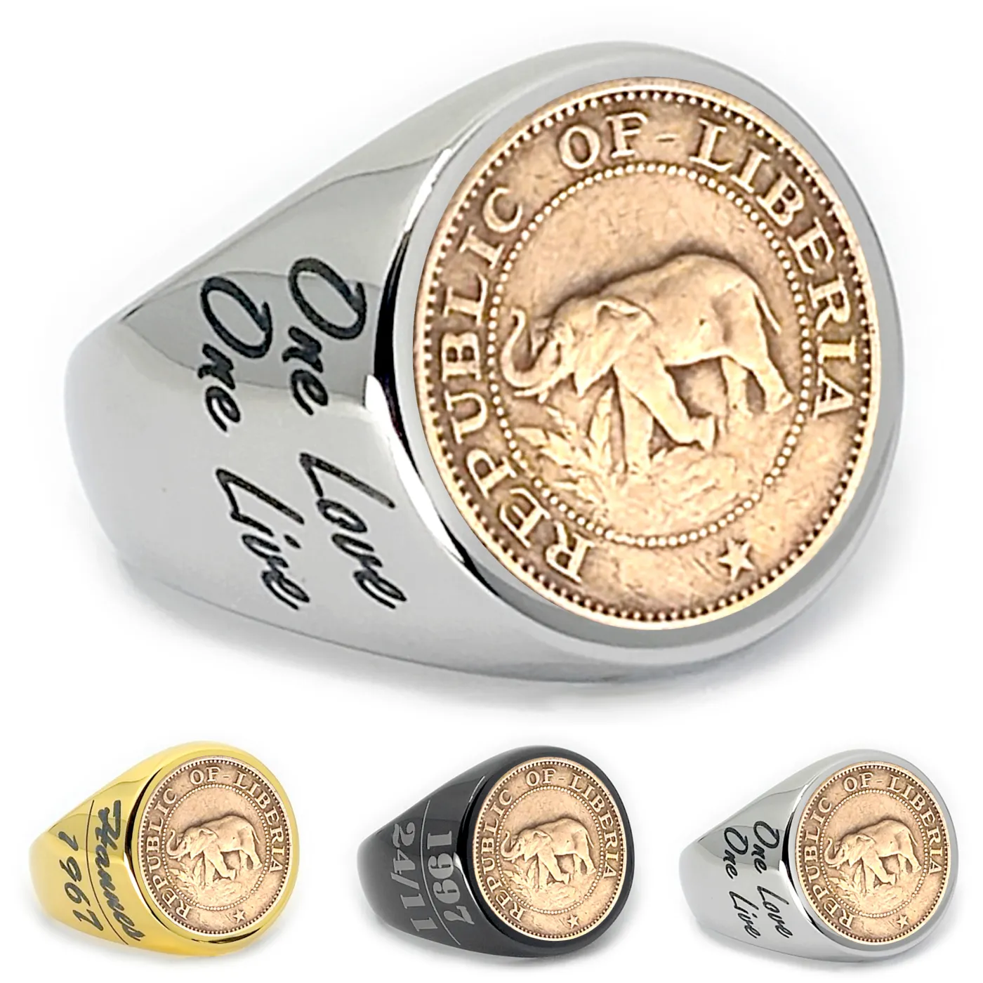 Münzring Republic of Liberia 1 Cent 1960-1984 Elefant aus Edelstahl, optional mit Gravur