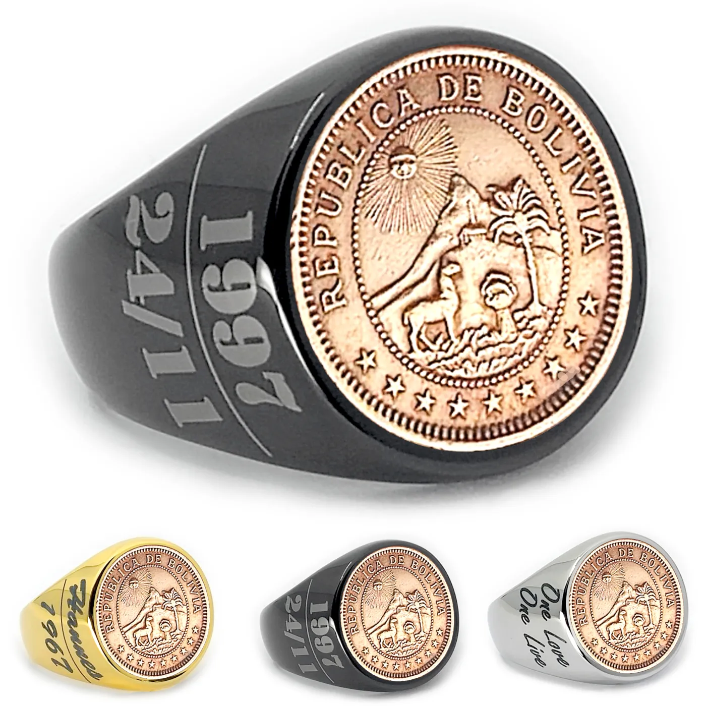 Münzring Bolivien 1 Boliviano 1951 Staatswappen aus Edelstahl, optional mit Gravur