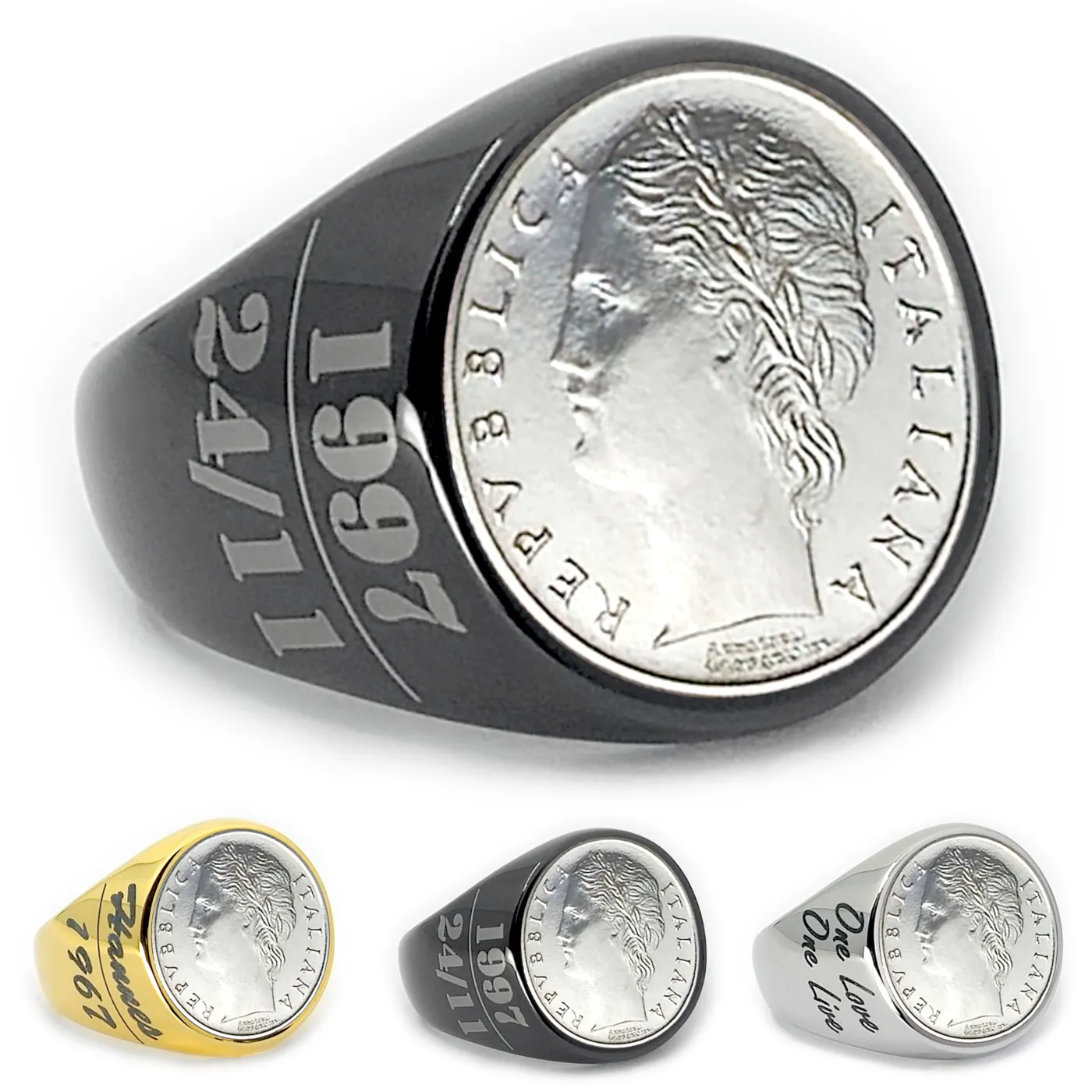 Münzring Italien 100 Lire 1990-1992 Frau mit Lorbeerkranz aus Edelstahl, optional mit Gravur