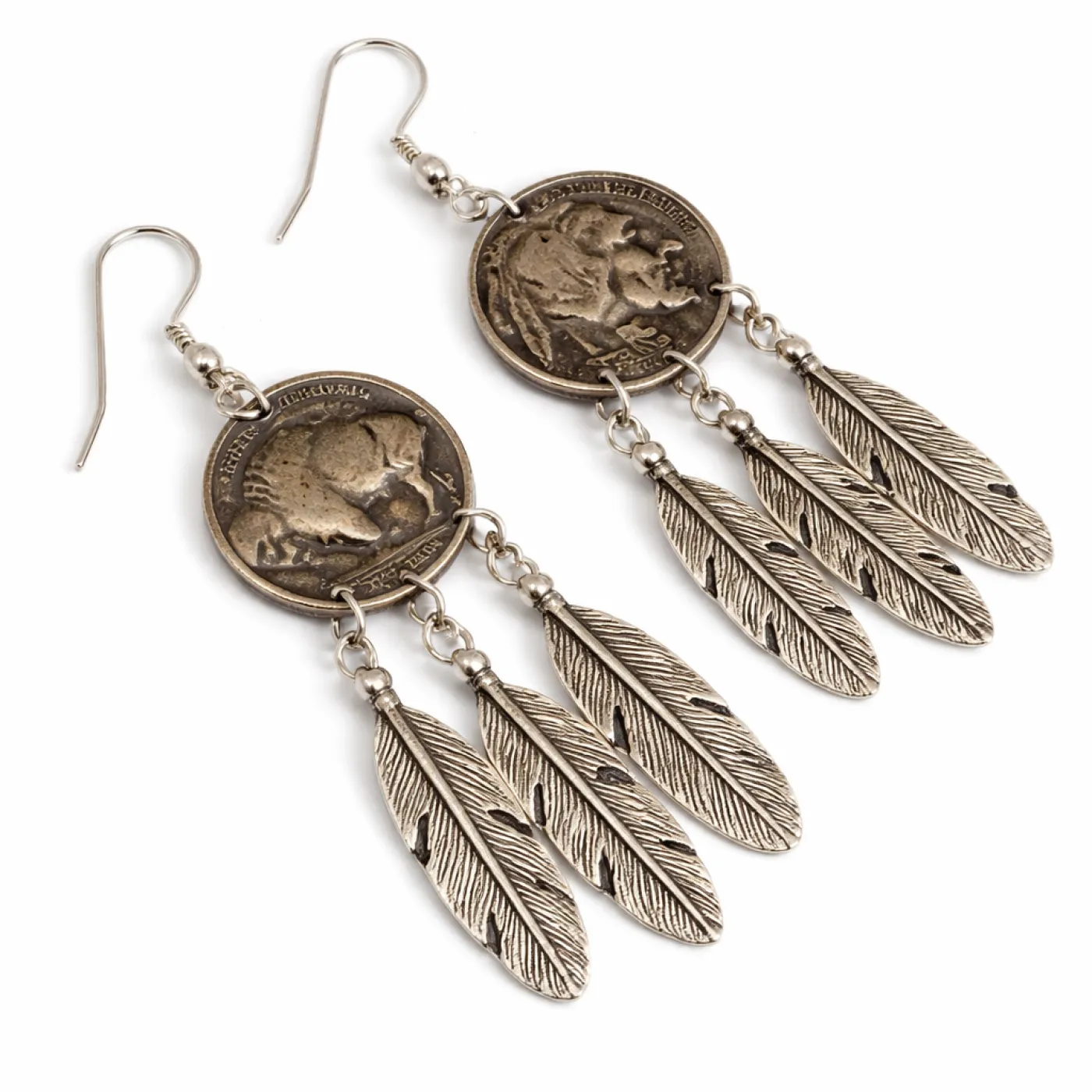 Ohrhänger mit Originalmünzen USA 5 Cent Indianer/Bison Buffalo Nickel mit Feder