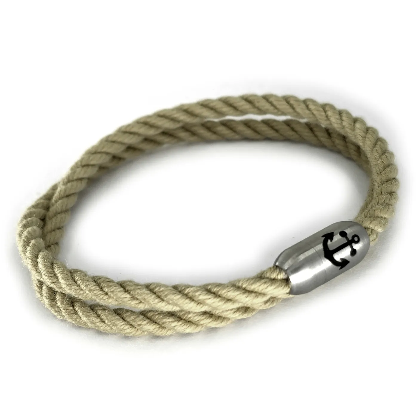 Segeltau-Armband 2 x Ø 4 mm mit Edelstahl-Magnetverschluss in Naturhanf-Optik, optional mit Ankergravur