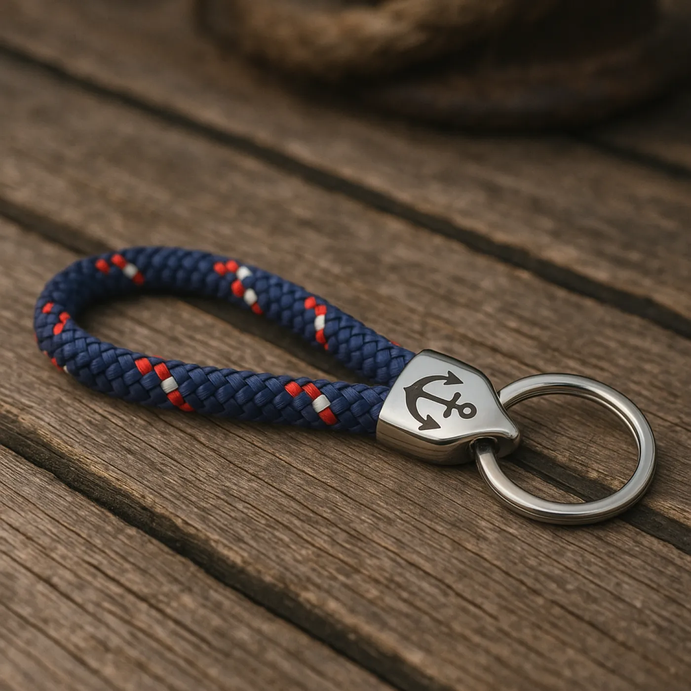 Stilvoller Schlüsselanhänger aus 6 mm Segeltau mit Edelstahlring und Verbinder.