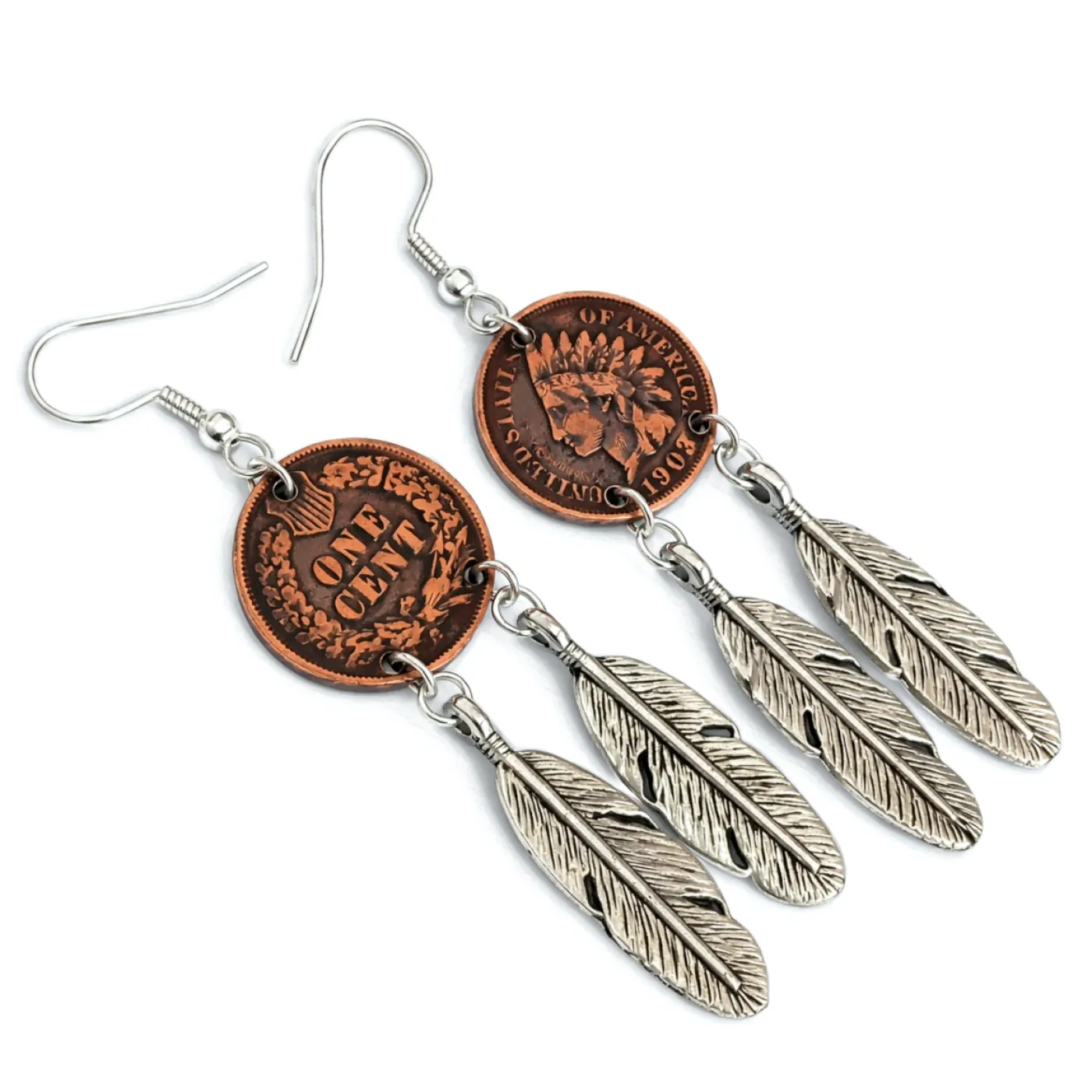 Ohrhänger mit Originalmünzen USA One Cent Indian Head mit Feder