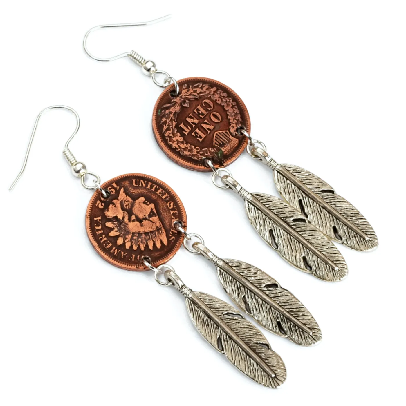 Ohrhänger mit Originalmünzen USA One Cent Indian Head mit Feder
